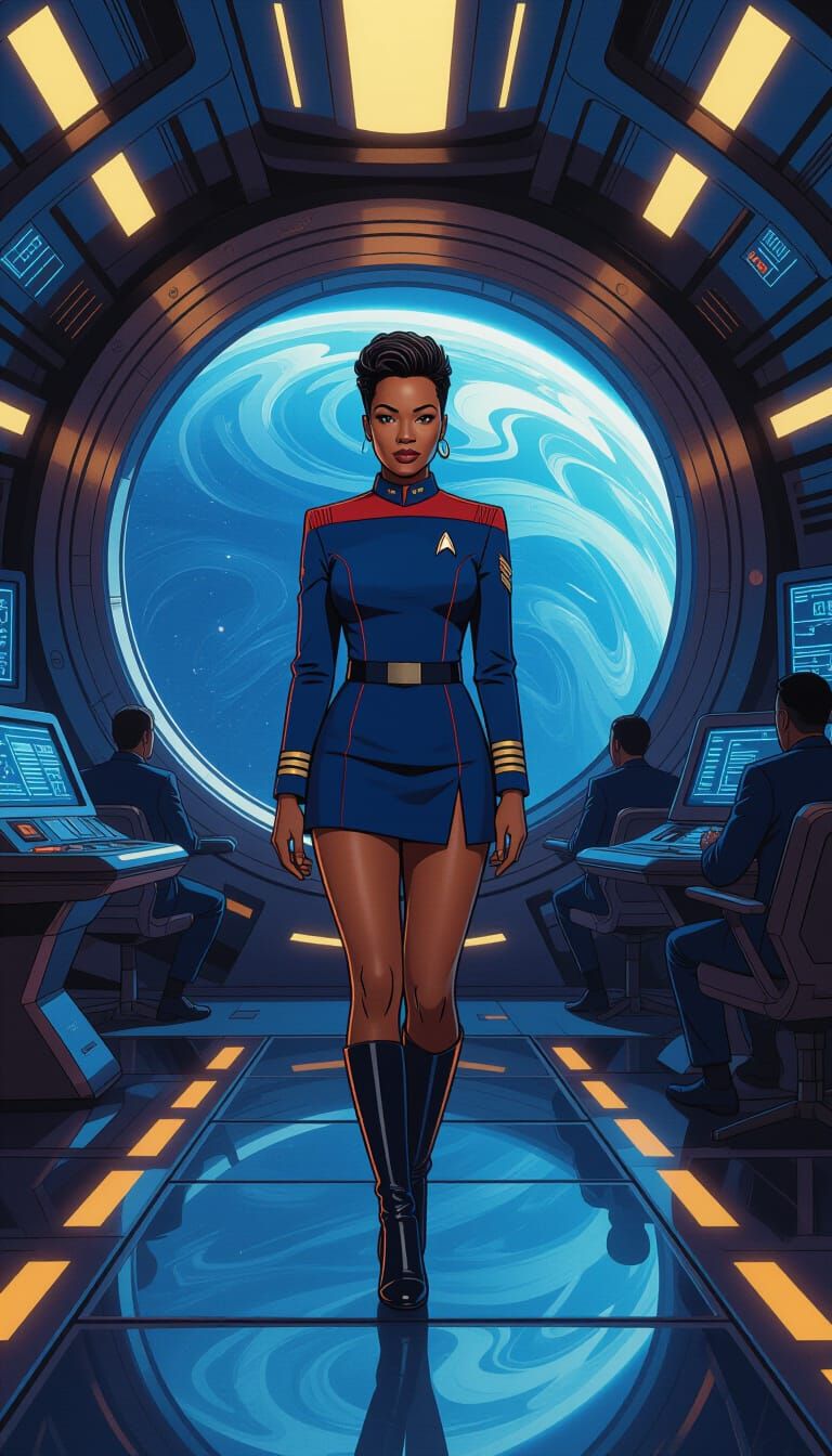 Confident Black Woman Astronaut on Futuristic Spaceship Brid...