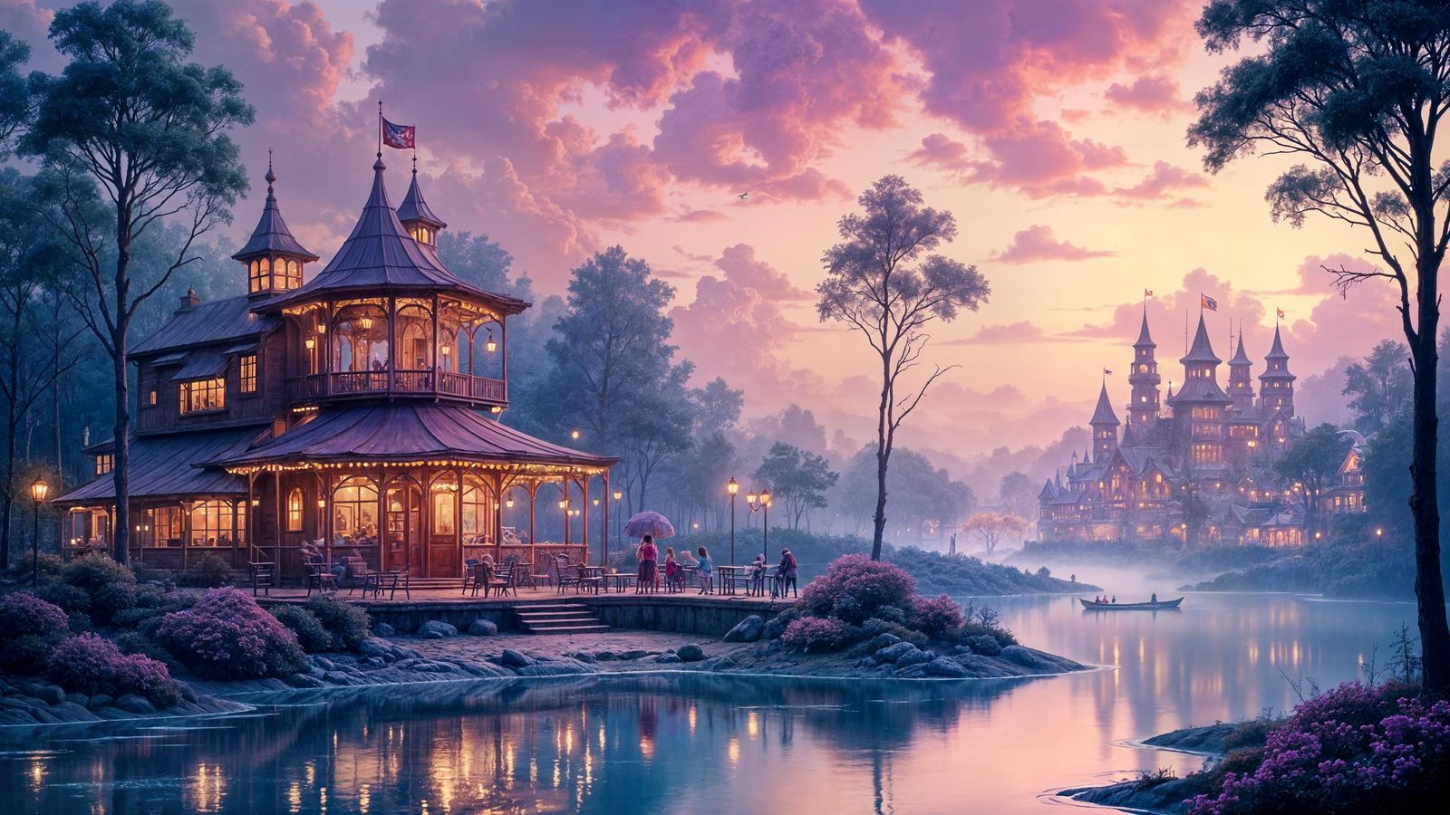 Watercolor Amusement Park on Serene Lake at Sunset