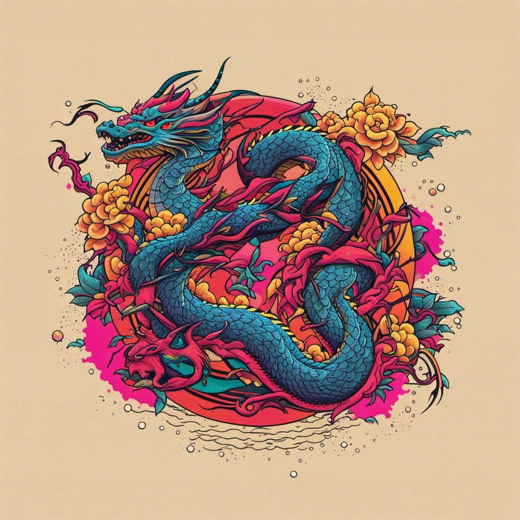 Neon Synthwave Dragon: Japanese Tattoo in Pop Art Style