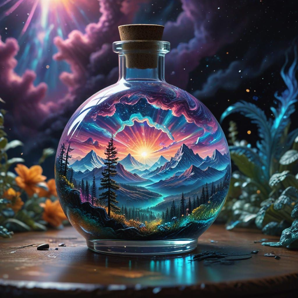 Luminous Cosmic Landscape in Delicate Glass Bottle