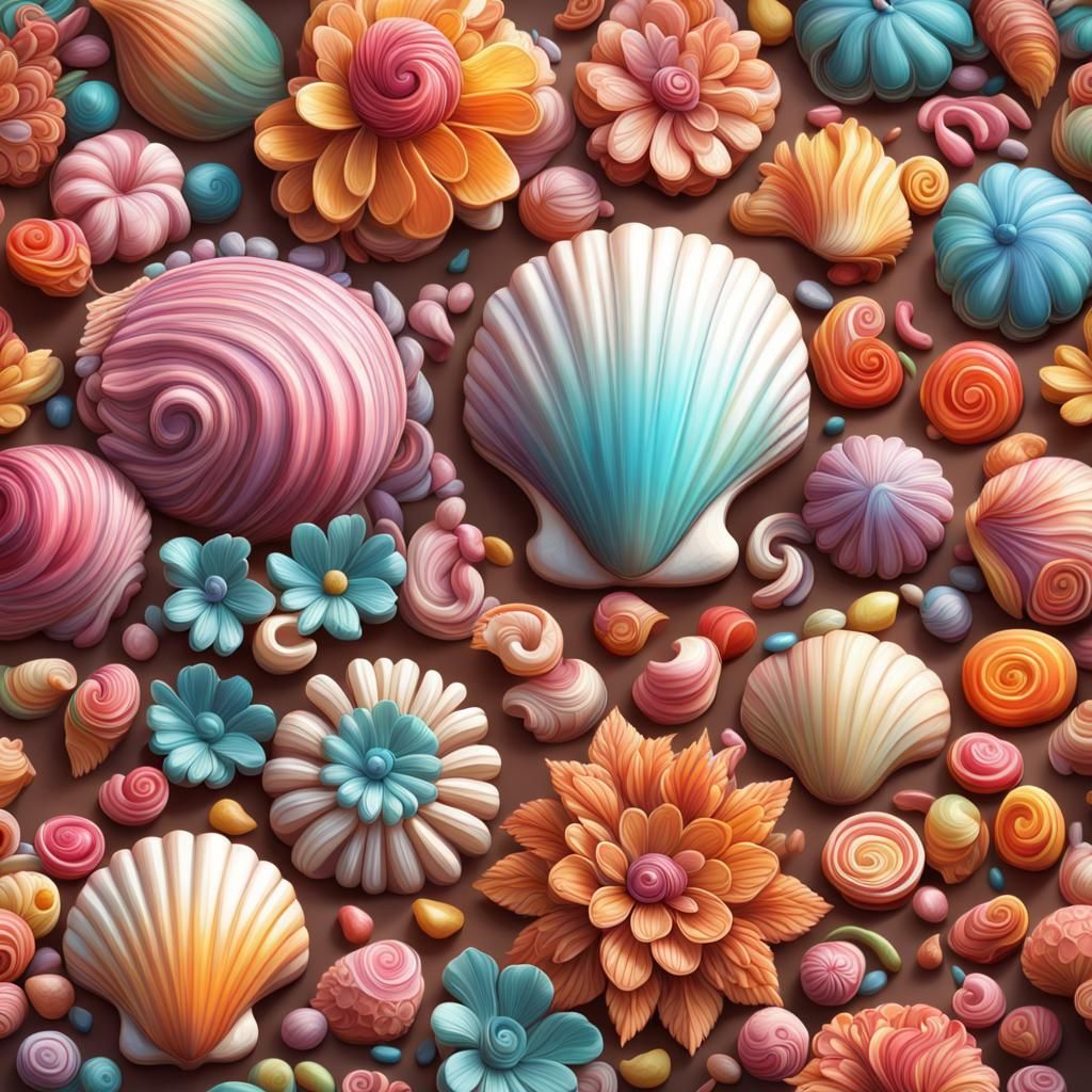 Detailed Floral Carved Shell in Candy Art Style