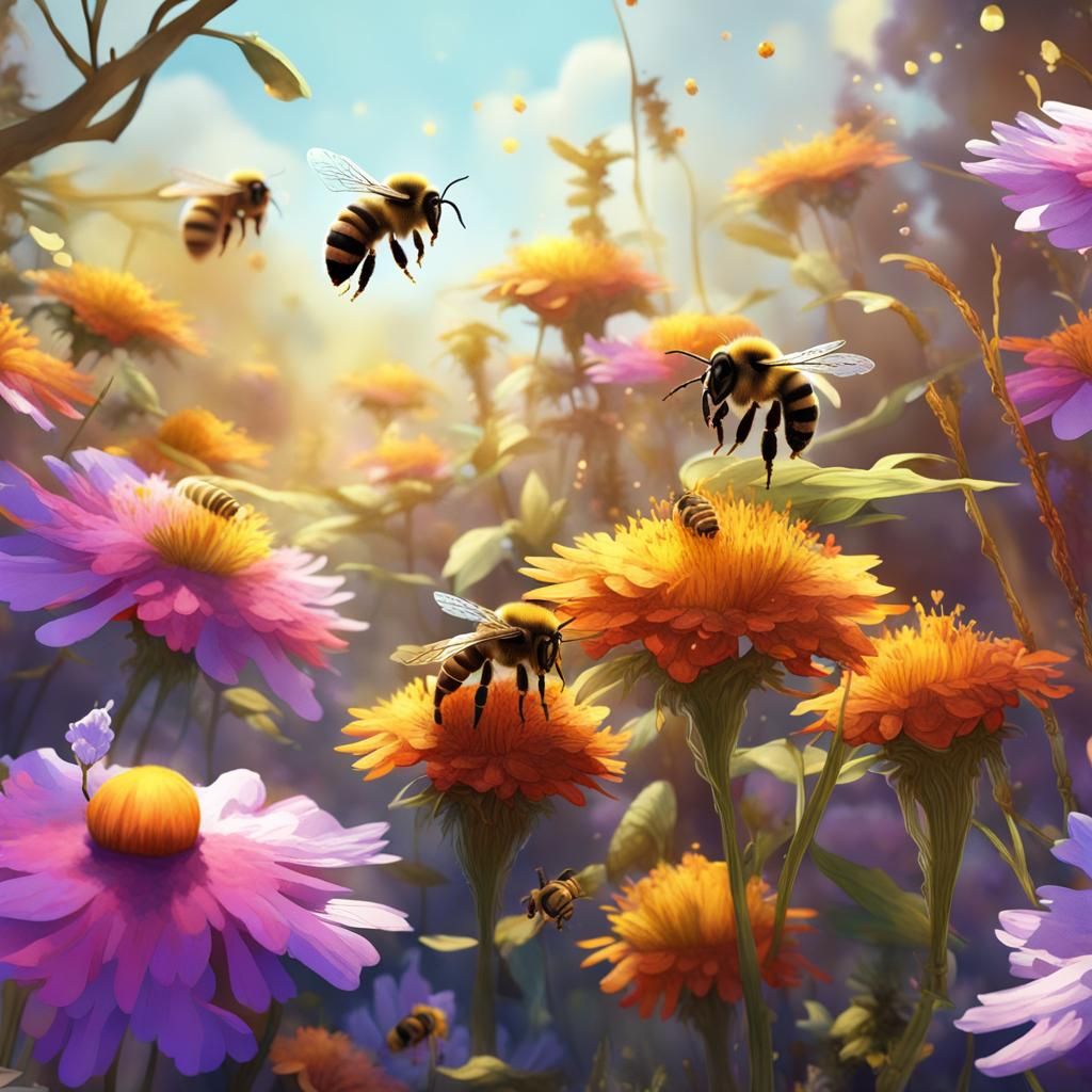 Bees and Flowers in Watercolor on Sunny Day