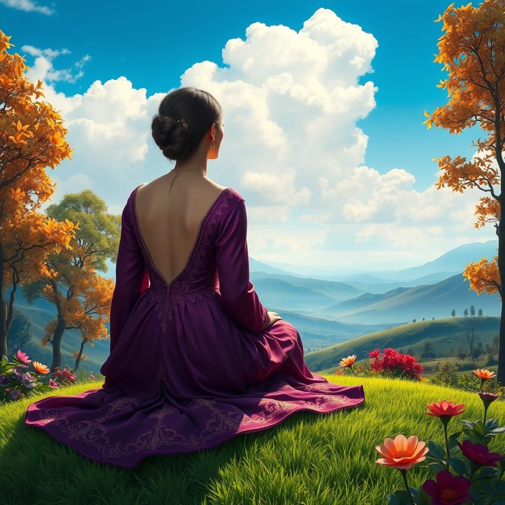 Woman in Lavish Purple Dress Contemplates Dreamy Landscape