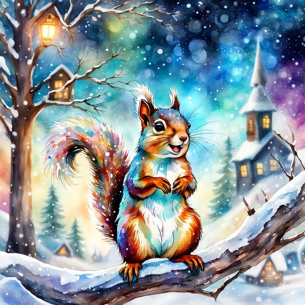 Vibrant Cosmic Squirrel in a Snowy Village