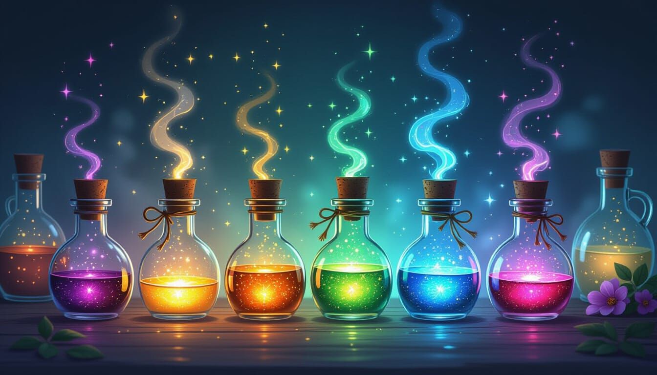 Whimsical Collection of Magical Potions in Glass Vials