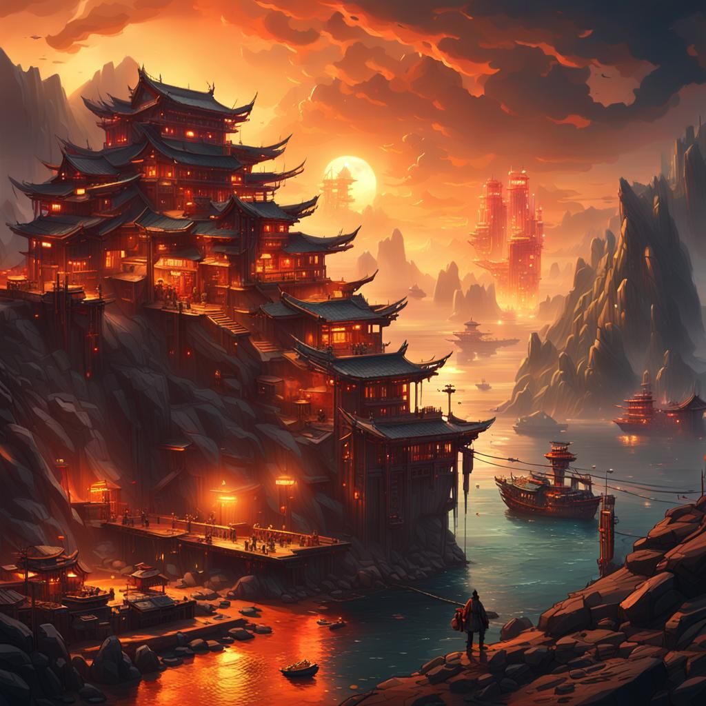 Epic Cyberpunk Futuristic Chinese Village with Stunning Ocea...