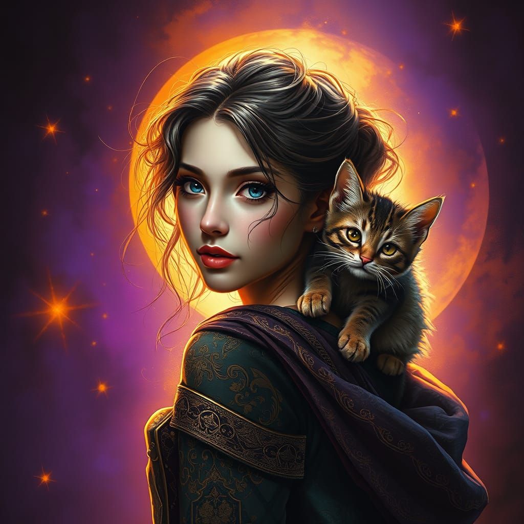 Mystical Cat and Woman in Enchanted Fantasy Realm