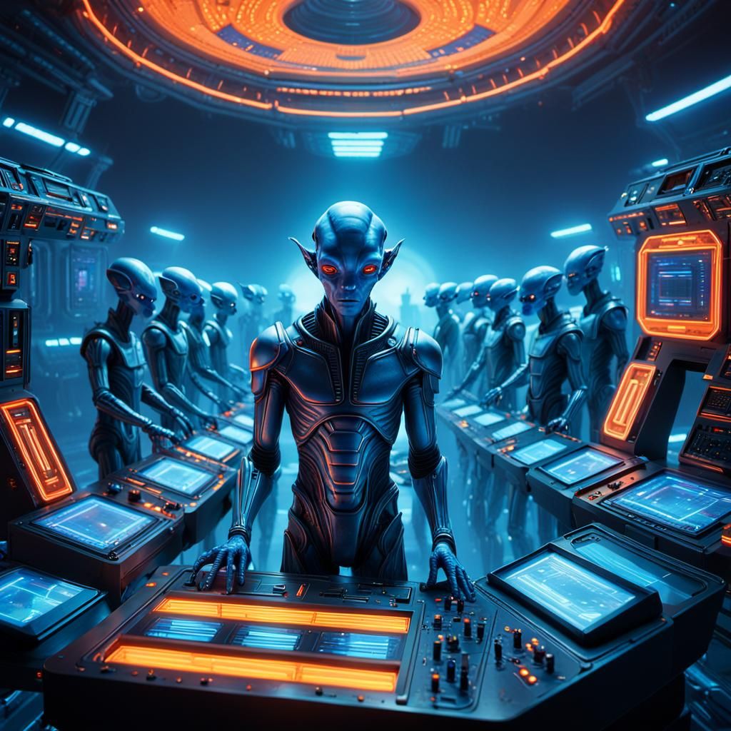 Alien Man Oversees Clones in Sci-Fi Art