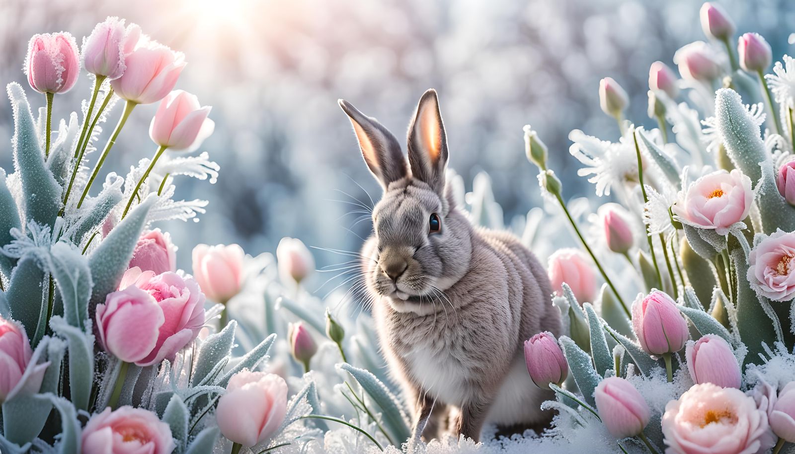 Rabbit in Snowy Meadow with Frost Flowers