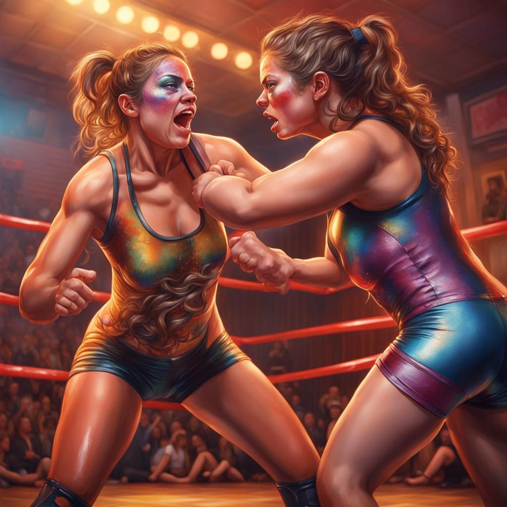 Hyperrealistic Women's Wrestling Match in Sorority House