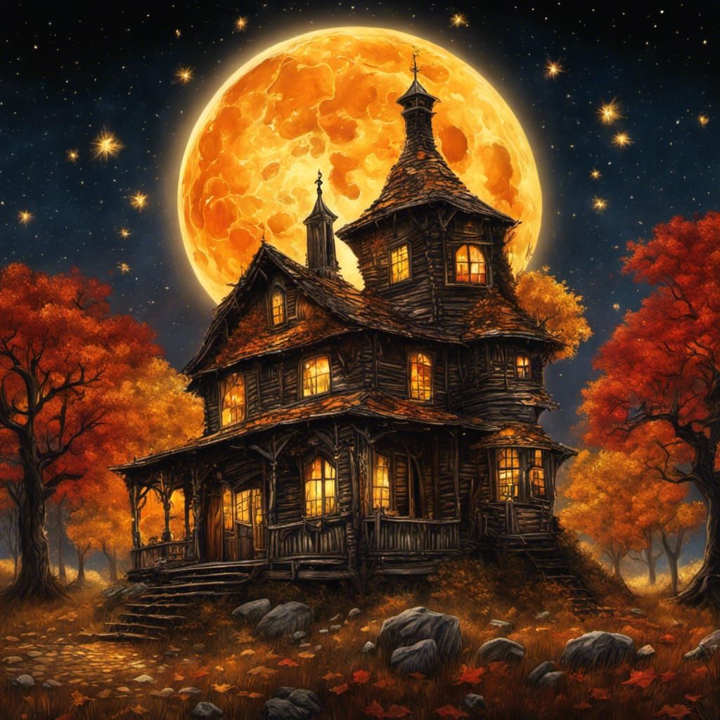 Gothic Autumn Cabin Under Harvest Moon