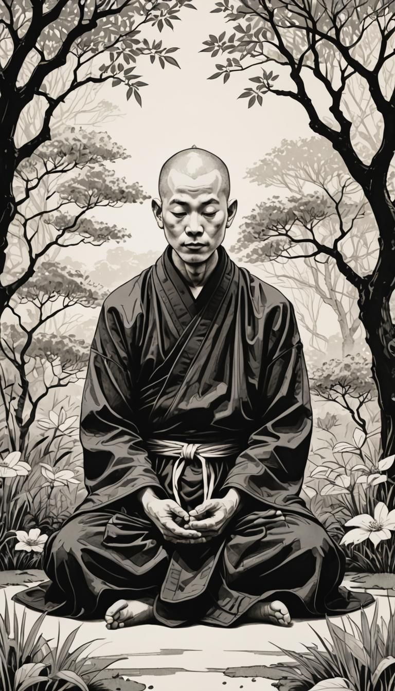 Serene Monk Meditating: Minimalist Ink Illustration
