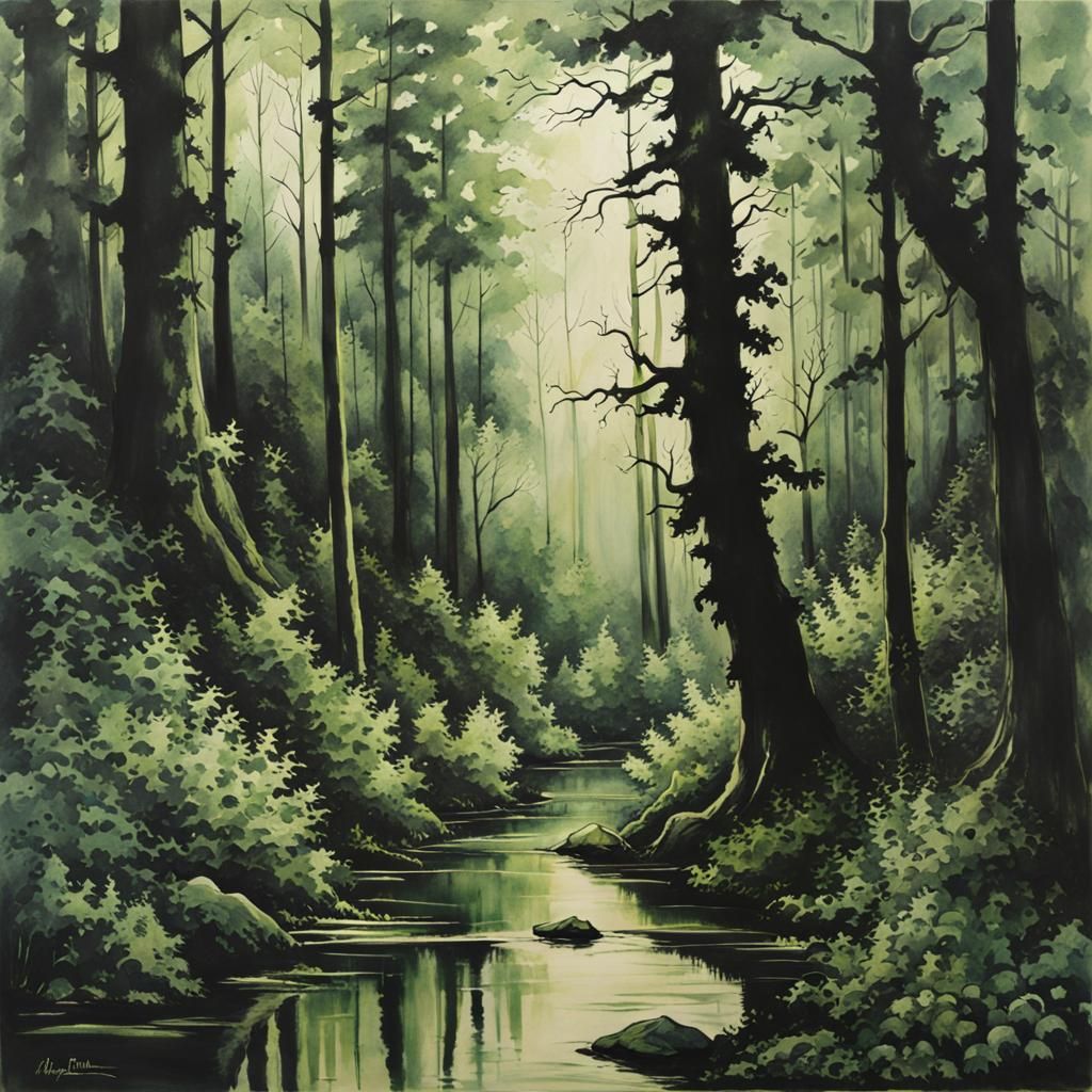 Idyllic Forest in Monochromatic Ink and Wash