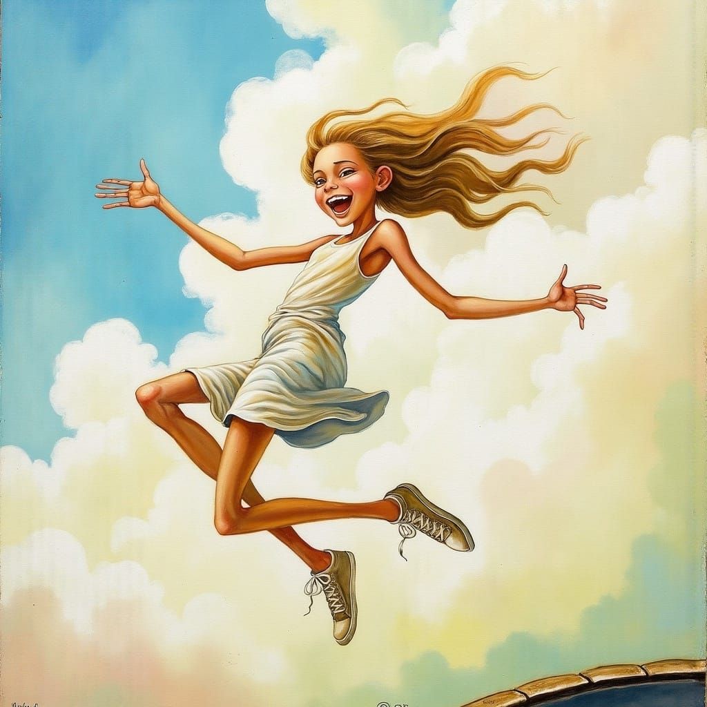 Girl on Trampoline Soaring in Dreamy Watercolor Style