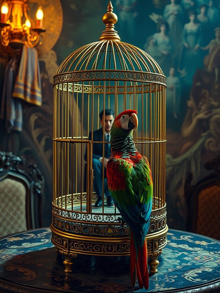Surreal Gilded Birdcage with Parrot and Seated Figure