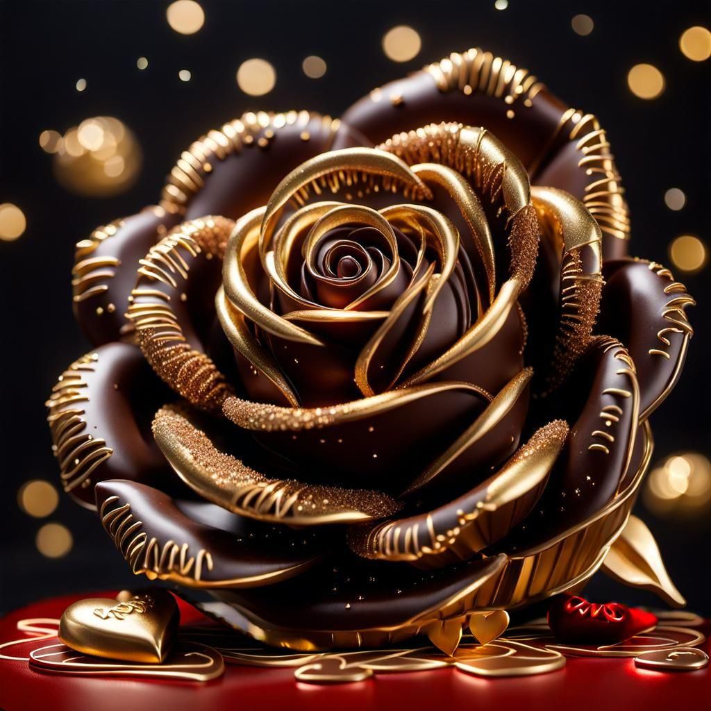Hyperrealistic Red Chocolate Hearts with Golden Outlines