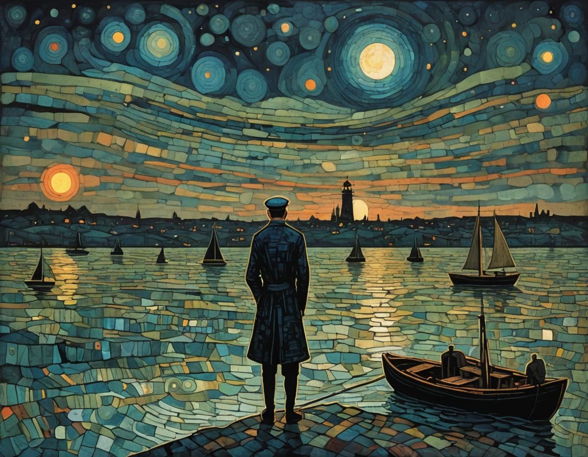 Lonely Sailor in Geometric Watercolor Style