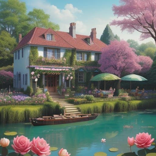 Vibrant Whimsical Garden Scene with 10 Cats and Elegant Ladi...