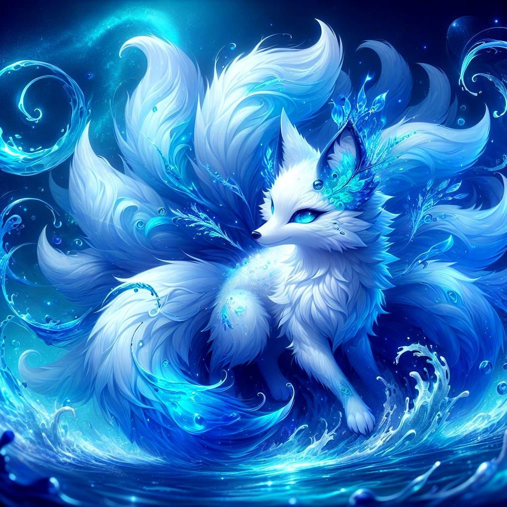 Mystical Blue Kitsune, Fox Spirit, in Ethereal Water Fur, Su...