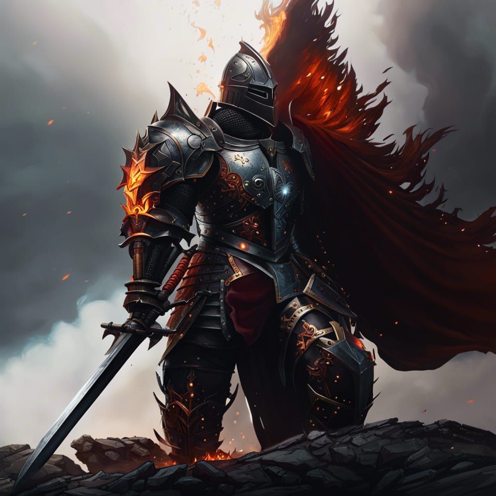Fiery Armored Knight Strikes in Detailed Dark Fantasy