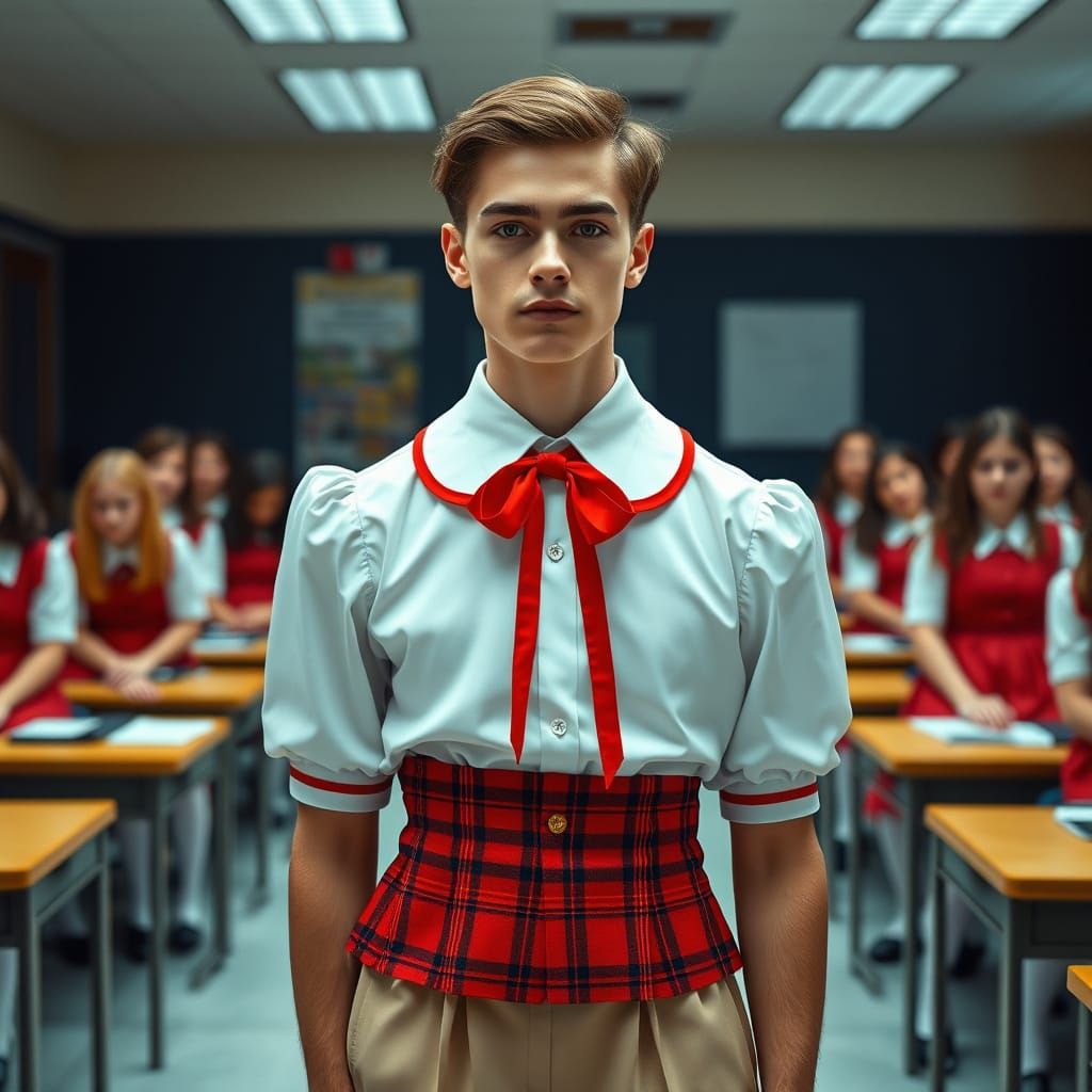 Hyperrealistic Schoolboy in Uniform: Artgerm and Mucha Style