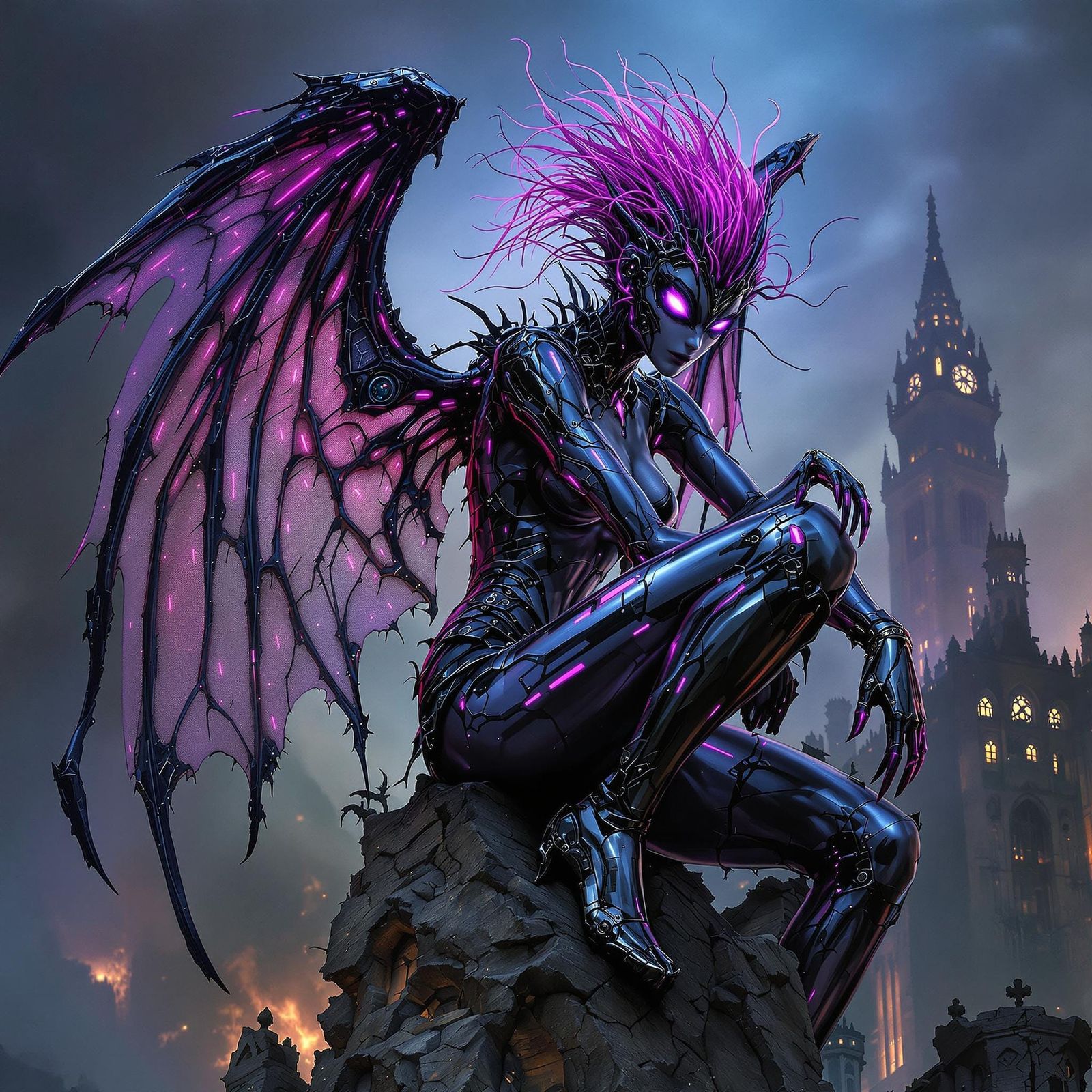 Chrome Harpy on Gothic Cathedral, Steampunk Horror Art