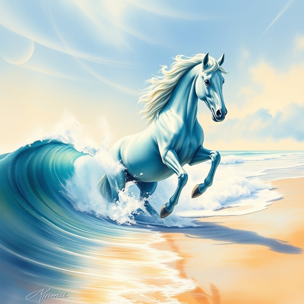Surreal Watercolor of Majestic Water Horse Emerging from Wav...