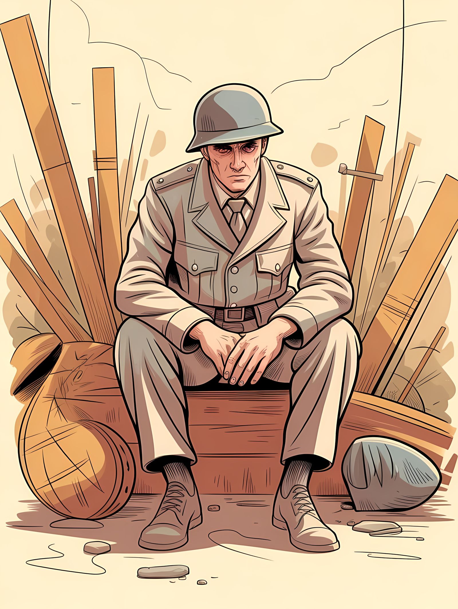 World War II Impression in Minimalist Caricature Style