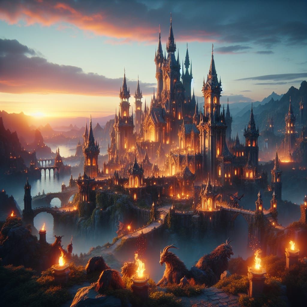 Fantasy Landscape with Castles and Mythical Creatures