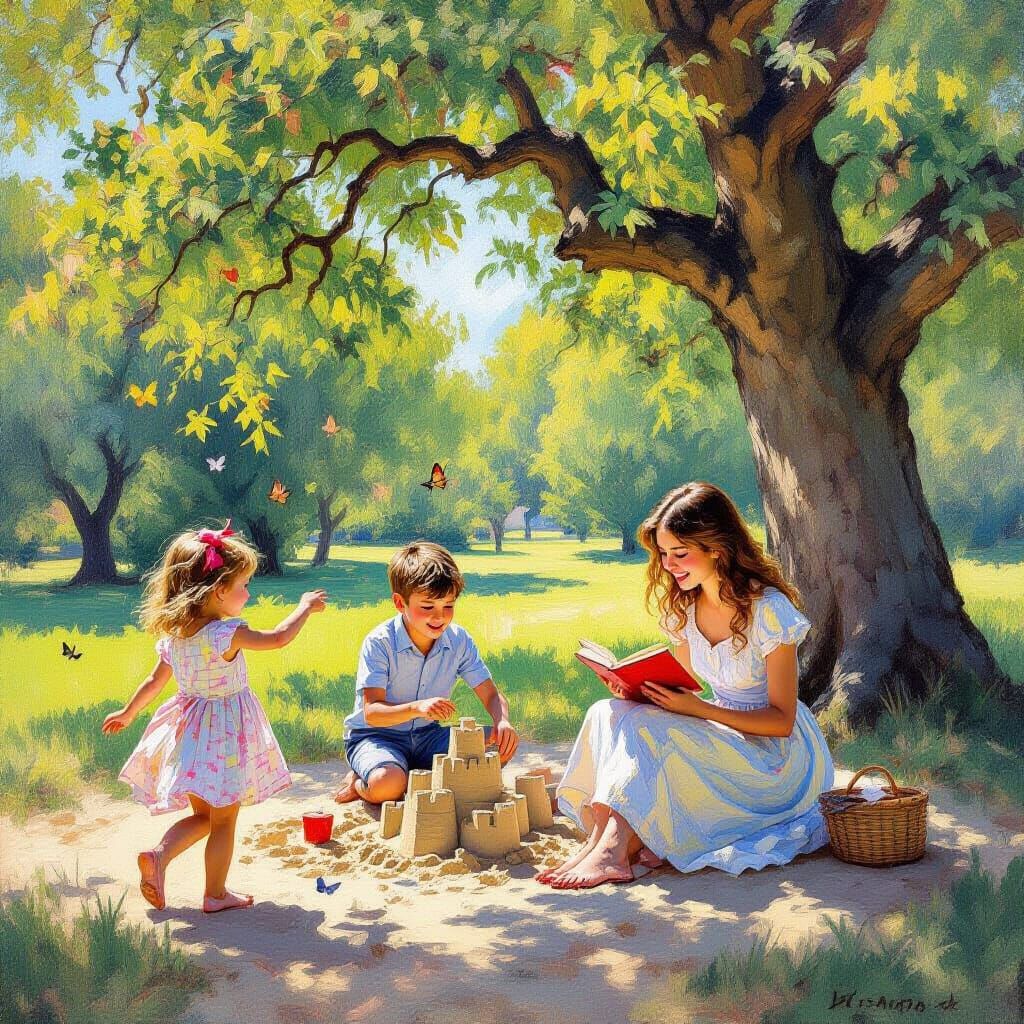 Joyful Siblings in Sunlit Park, Impressionist Style