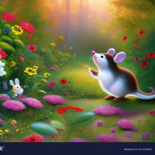 Playful Mouse in Colorful Garden, Digital Art