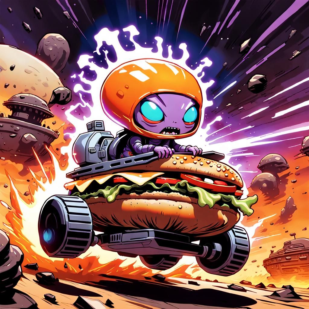 Chibi Alien Races Hamburger Tank in Apocalyptic Wasteland