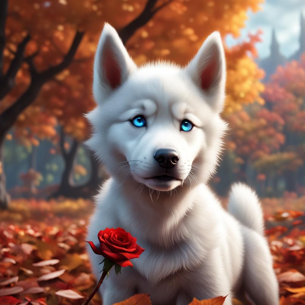 Husky Puppy with Rose in Autumnal Fantasy Art