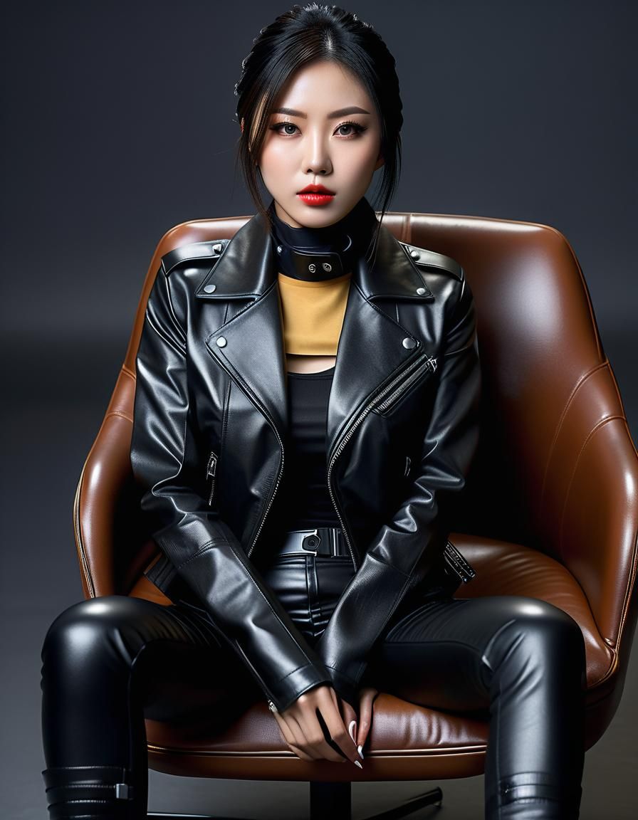 Perfect Japanese woman posing in full leather