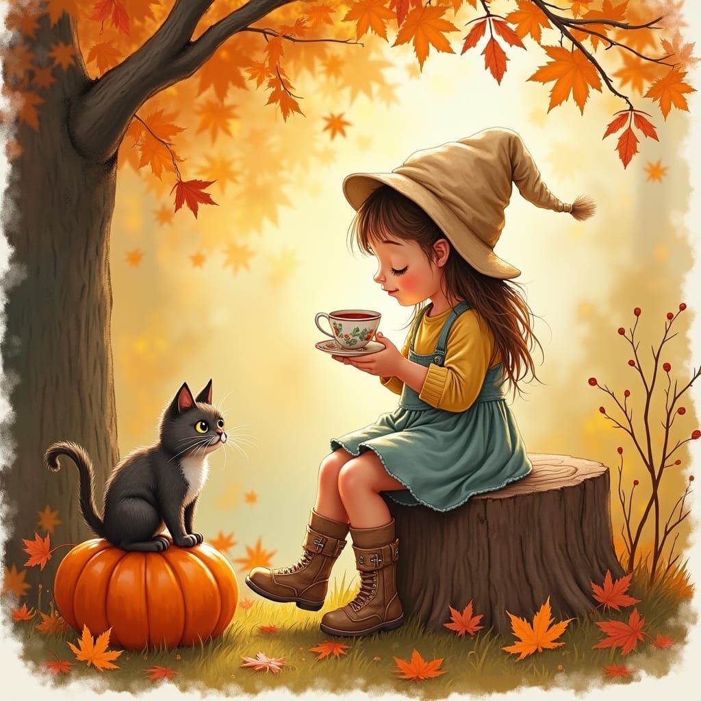 Cozy Autumn Tea Party with Cat, Watercolor Style