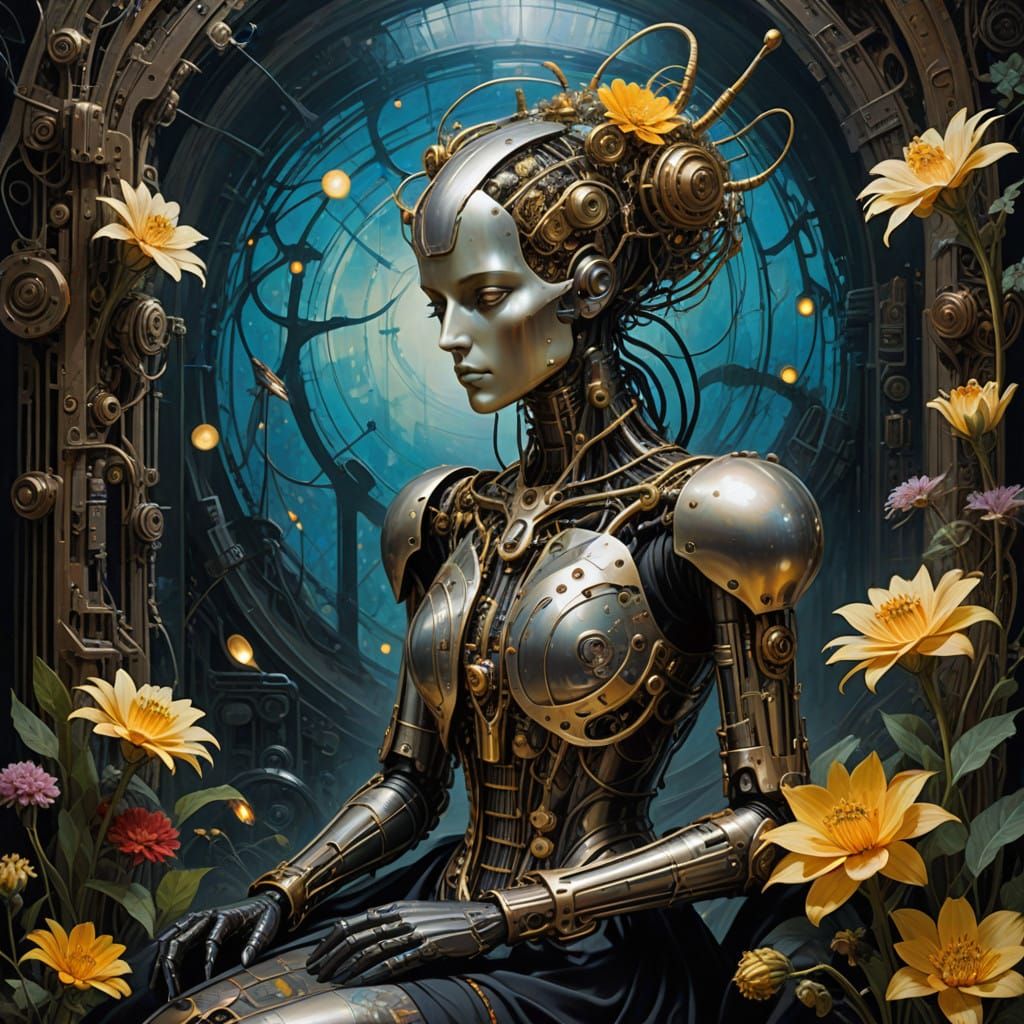 Surreal Android Portrait in Dystopian Steampunk Landscape
