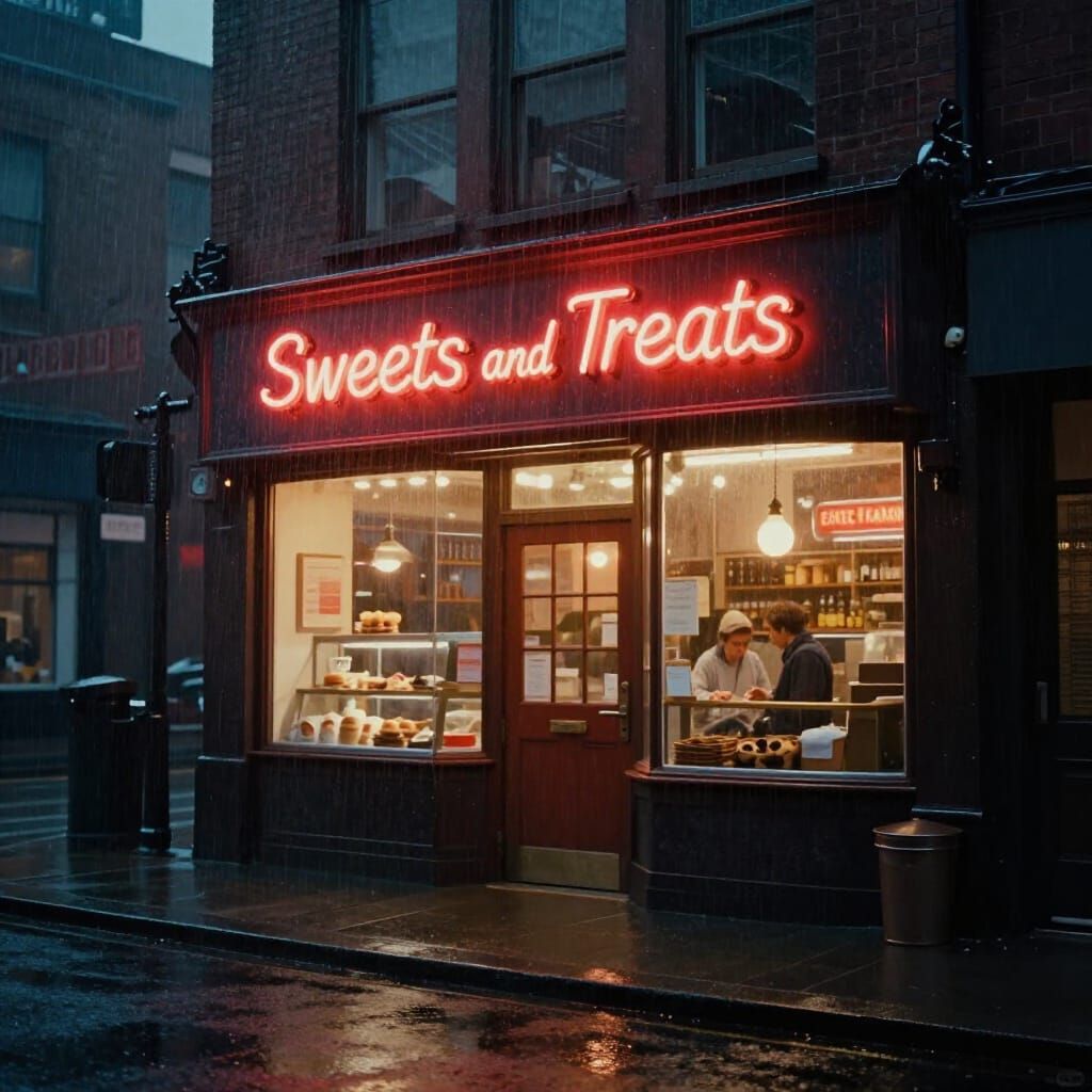 Neon Bakery in Rainy Cityscape