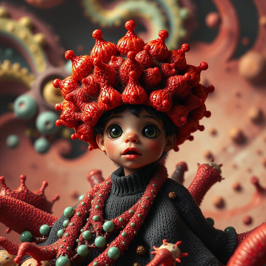 Afrofuturistic Microbe in Filigree Hat Exploring Microscopic...