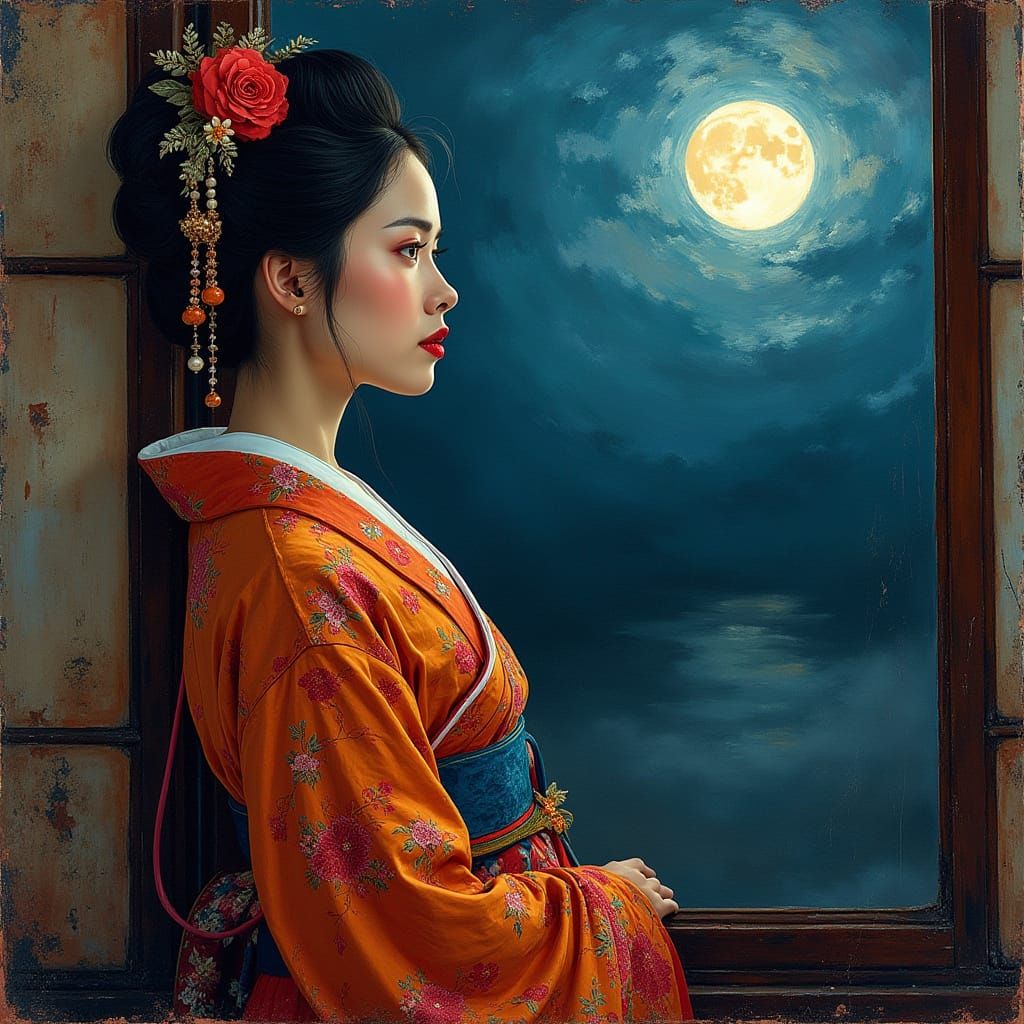 Asian Woman in Moonlit Hanbok, Expressive Impasto Style