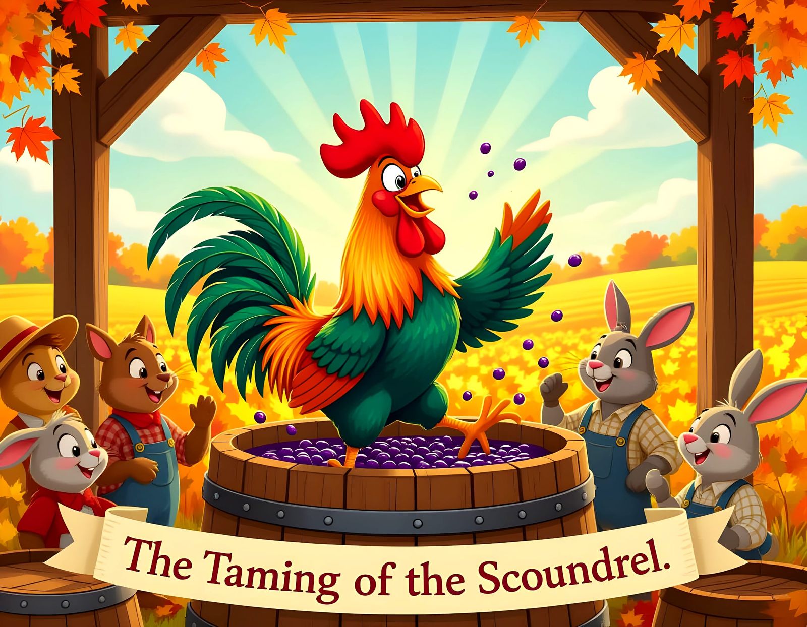 Anthropomorphic Rooster Makes Wine in Autumn Harvest Scene