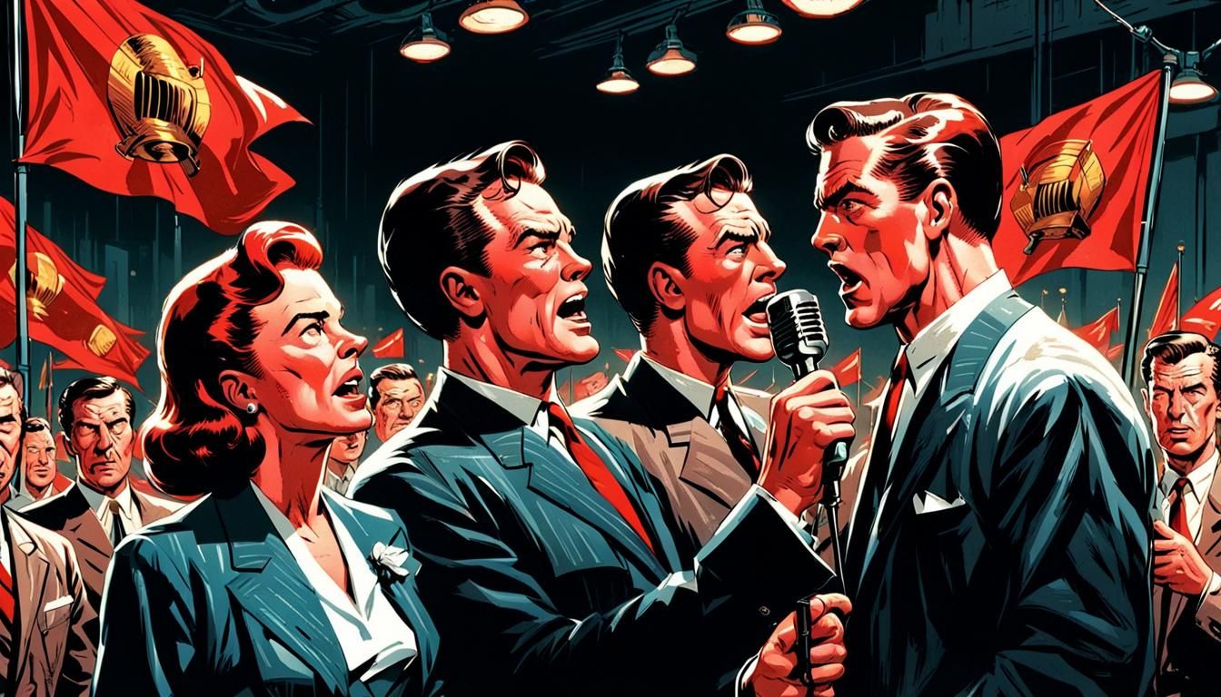 1950s Debate with Red Flags in Comic Book Style