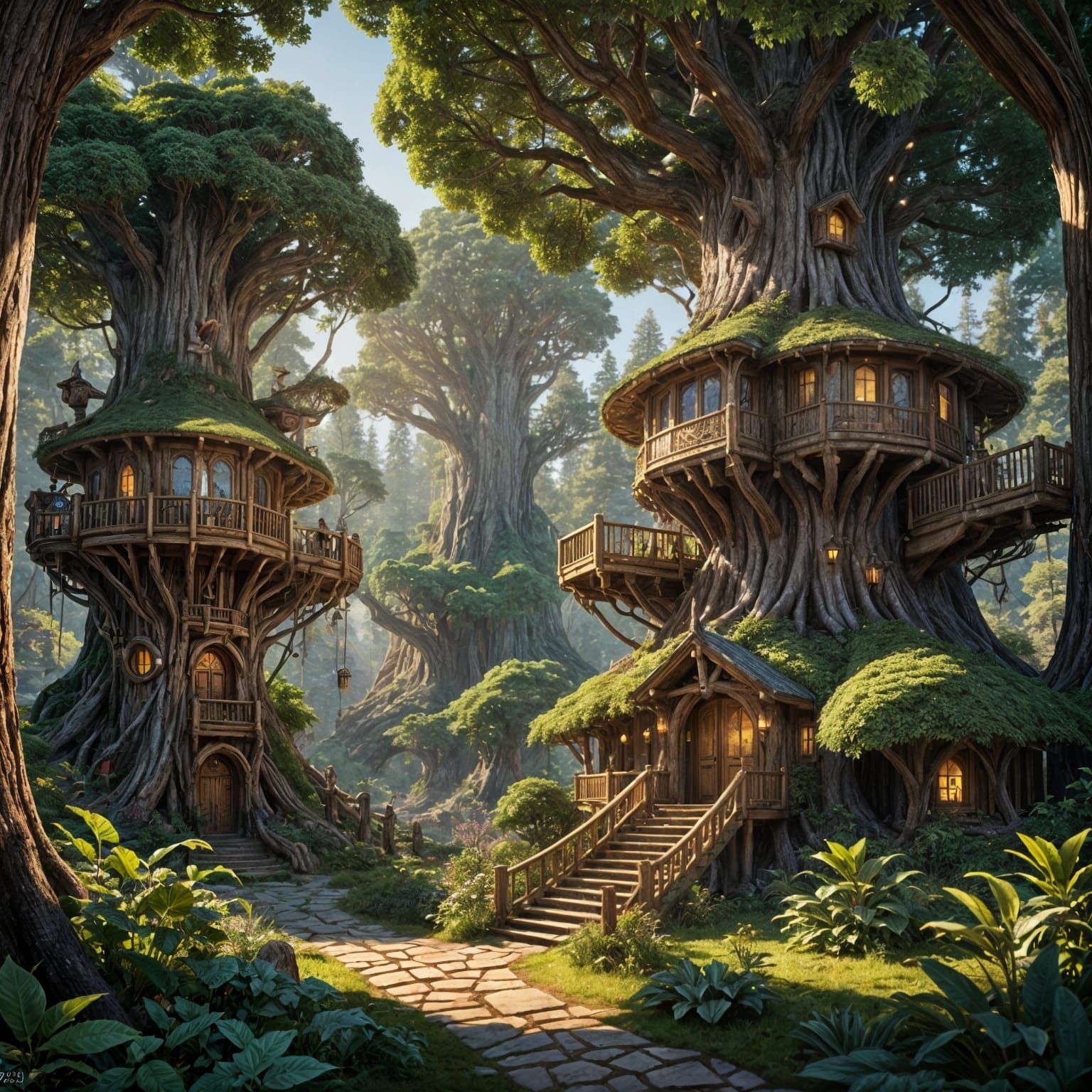 Fantasy Elven Treehouse Village in Golden Sunset Light