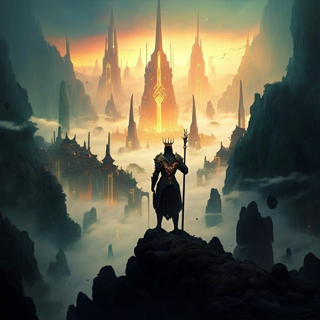 Regal Warrior Overlooking Mystical City in High Fantasy Styl...
