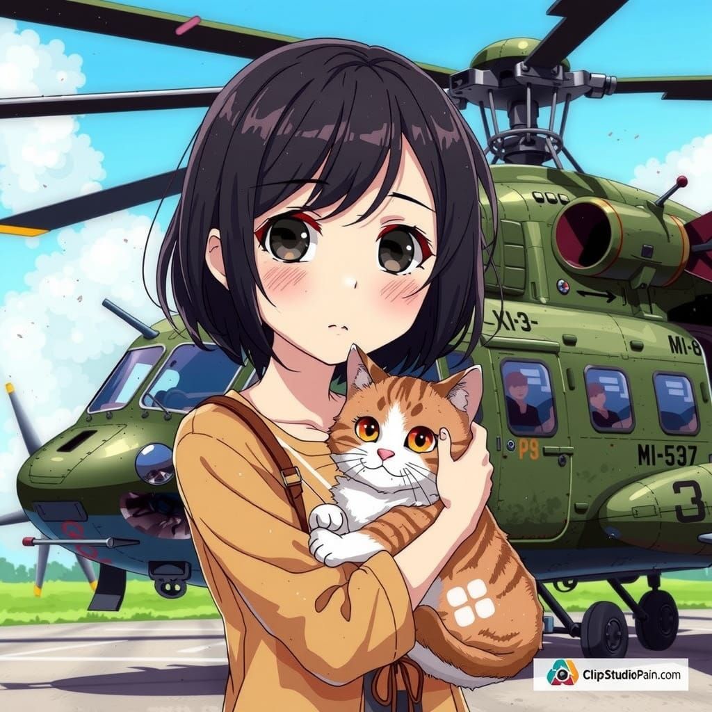 Anime Girl with Cat Stands Near Vintage Helicopter in a Flat...