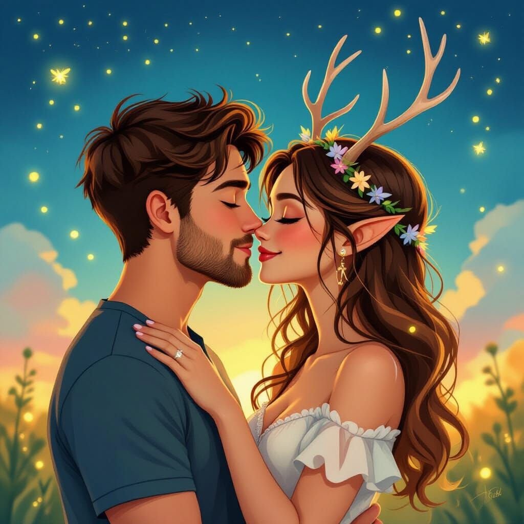 Fawn Fairy Kissed by Young Man, Whimsical Digital Art