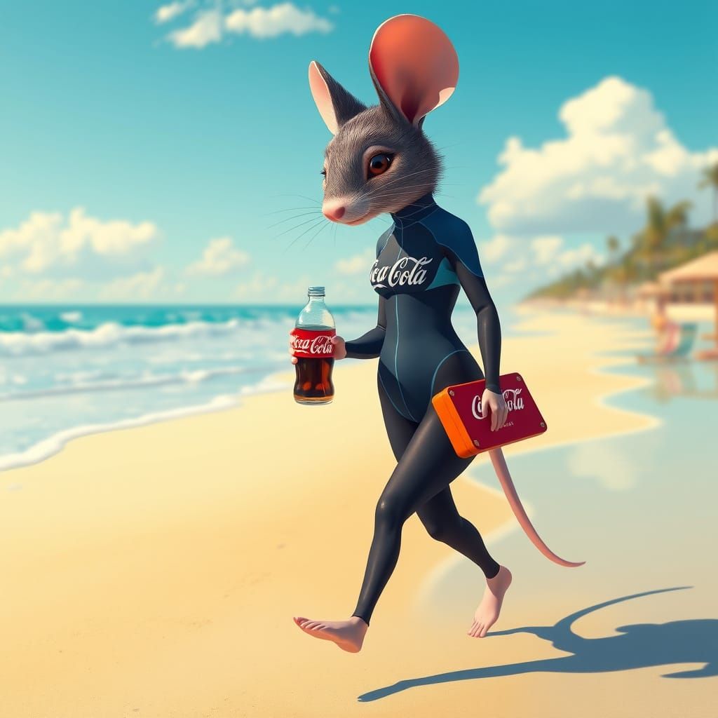 Mouse Humanoid on Beach in Colorful Artistic Style