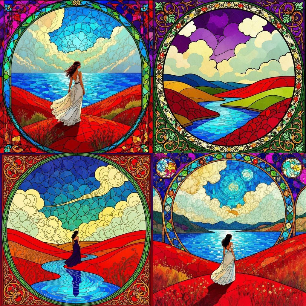 Stained Glass Landscape with Fiery Hills