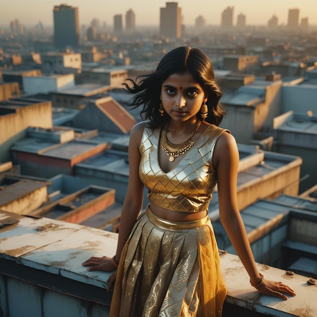 Bengali Woman Posing on Rooftop in Mystic Futurism Style