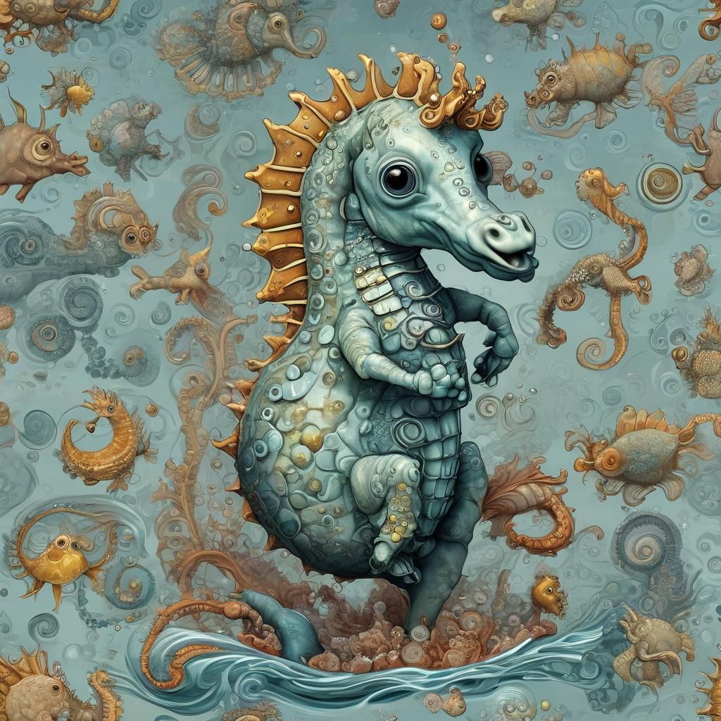 Adorable Chibi Seahorse Caricature in Ethereal Fantasy Style