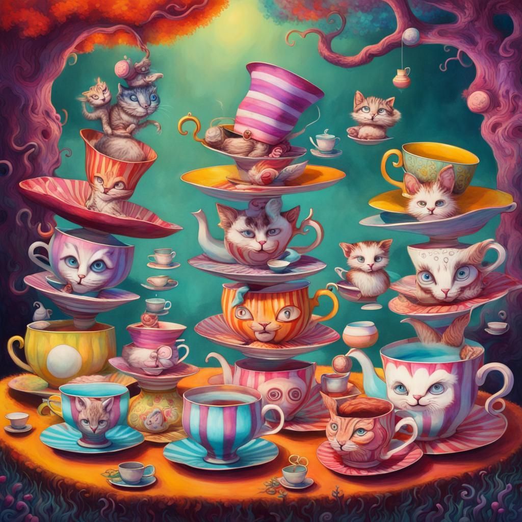 Whimsical, psychedelic scene with floating tea cups and talk...